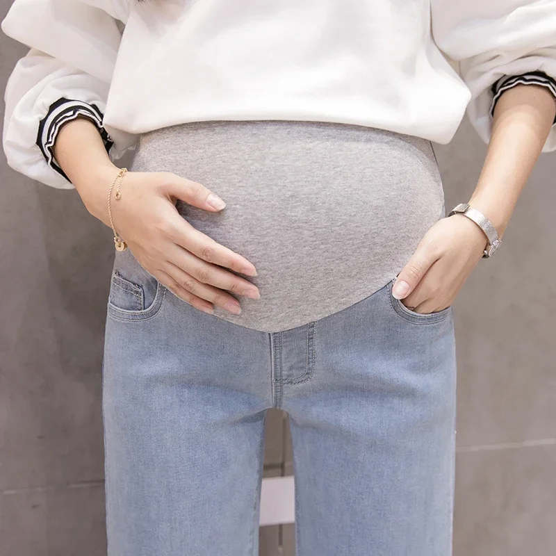 Latest Wide Leg 9/10 Length Maternity Jeans Pregnant Woman Loose Spring Summer Pants Elastic Waist Trousers Pregnancy Clothes
