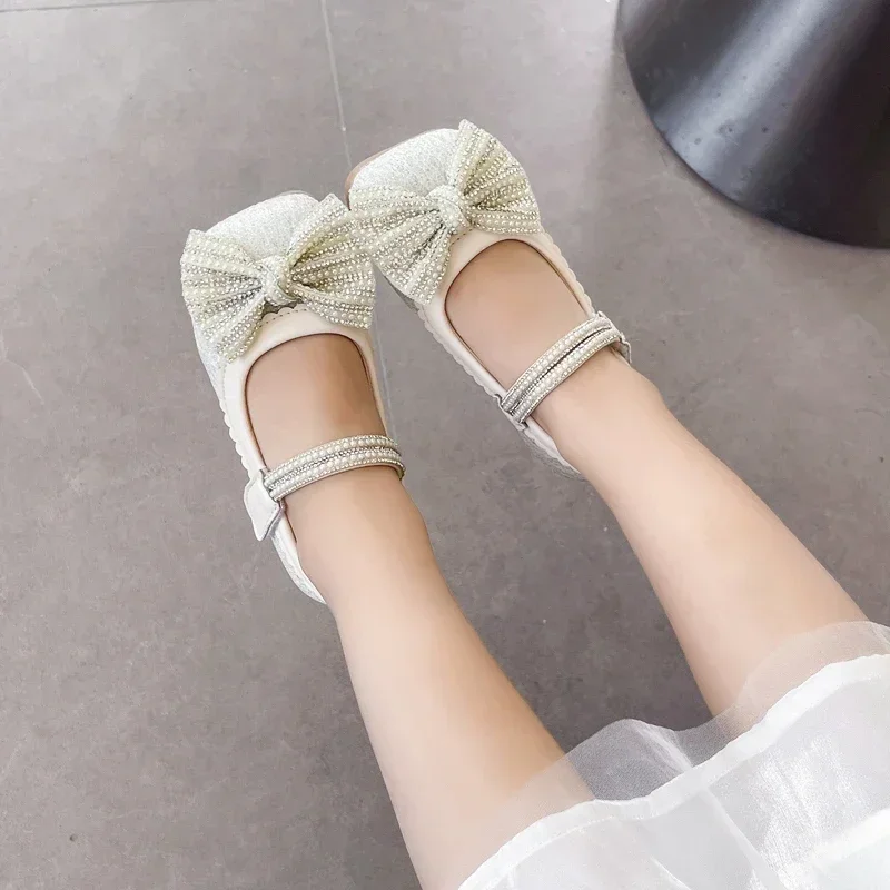New Kids Party Shoes Bling Sequins Bowknot Little Girls Leather Shoes Spring Autumn Shallow Children Causal Wedding Flat