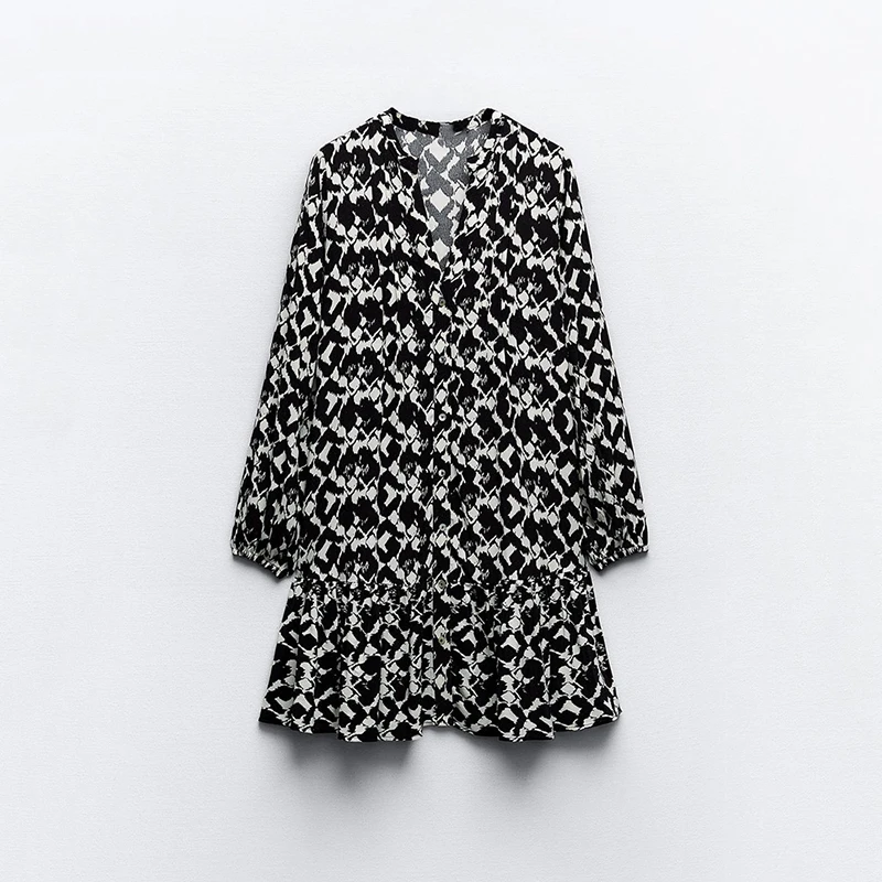 

Spring V-Neck Print Mini Dress Women 2024 New Autumn Puff Sleeve Loose Dresses Streetwear Fashion Female Casual Pullover Dresses