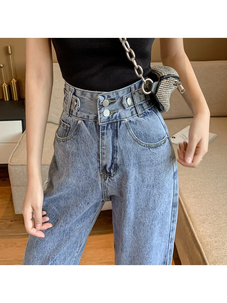 Cotton Jeans Women's Summer New Light Blue High Waist Loose Wash Wide-Leg Straight Pants Vintage Harlun Women's Pants