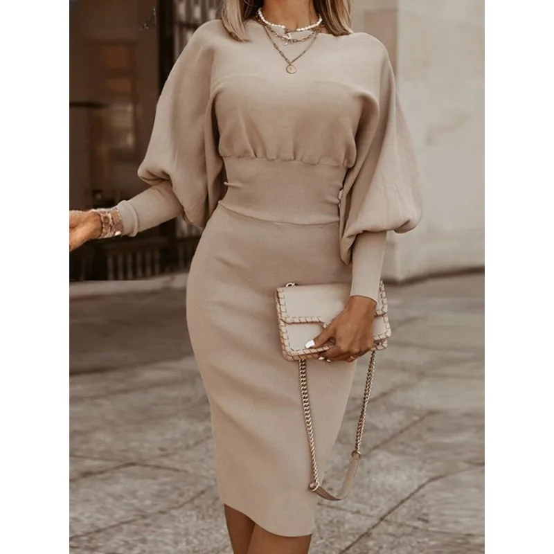 

Elegant Women Pencil Dress Autumn Long Lantern Sleeve Bodycorn Sundress Stylish Solid Work OL Knee-length Vestidos Kaftan