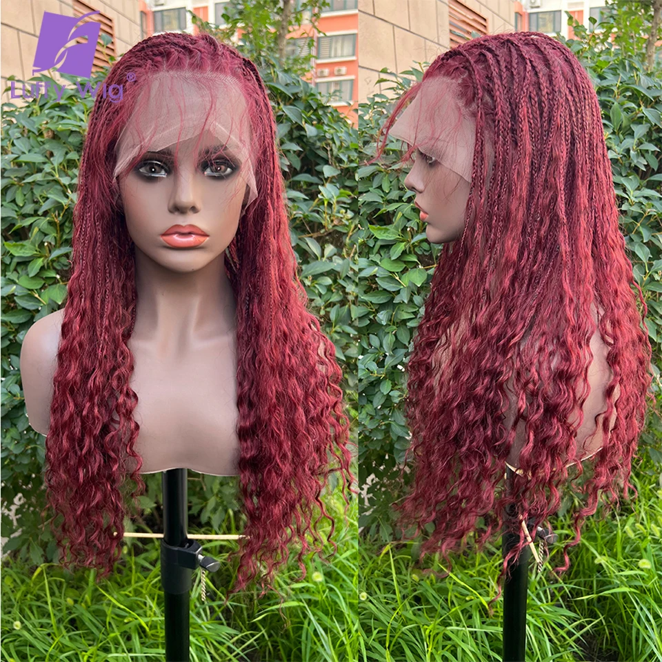 Human Hair Braided 99J Burgundy Red Full Transparen Lace Wig Pre Pluched Goddess Knotless Boho Braids Curly 300Density Wigs