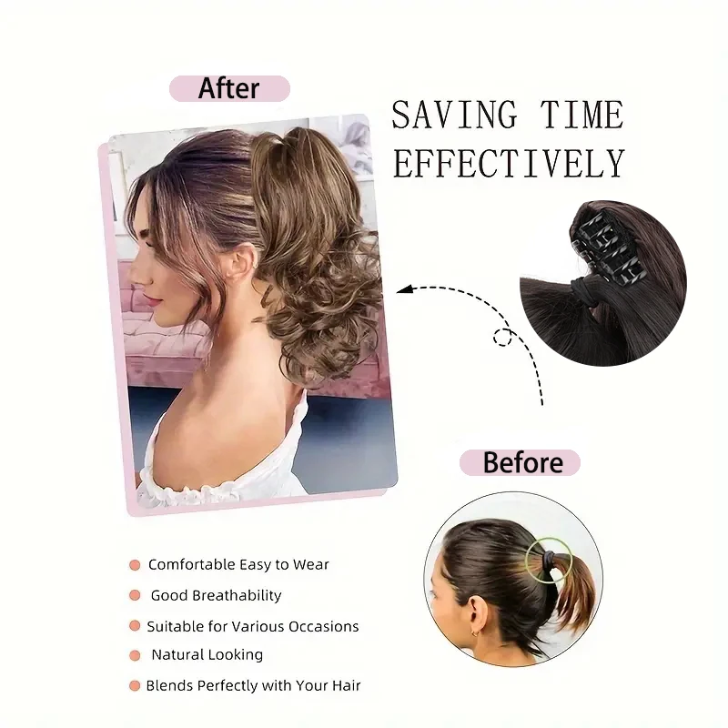 Extension per capelli sintetici a coda di cavallo ricci corti da 12 pollici con clip a griffe, facili da indossare per uso quotidiano da donna - immagine 4
