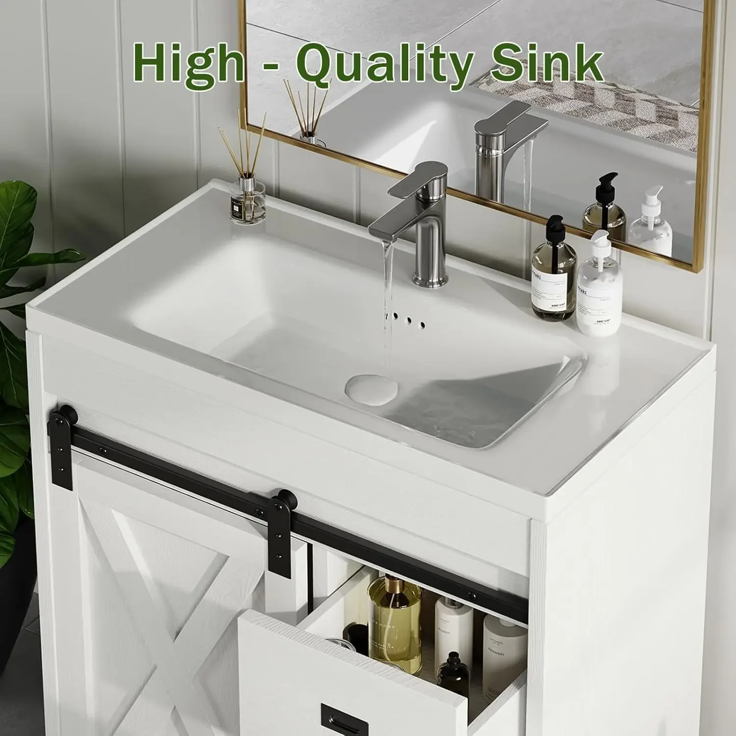Farmhouse Bathroom Vanity with Sink Combo, 31" Bathroom Sink Cabinet with Drawers & Sliding Barn Door, Bathroom Vanity Cabinet 3