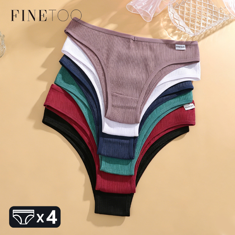  FINETOO 4Pcs/Set Cotton Waffle Style Brazilian Panties Sexy Low-Waist Comfortable Underwear Solid Color Stretchy Briefs Lingerie 