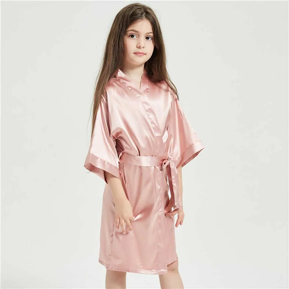 Kids Satin Black Kimono Robe Solid Girl Peacock Bath Robes for Wedding Spa Party Gifts Bridal Lingerie Sleepwear Bathrobe