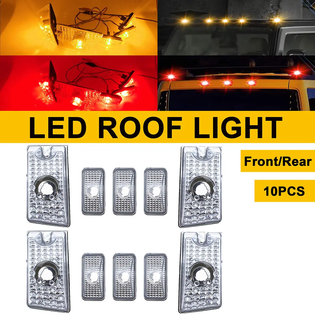 

Winetis 10Pcs Red + Amber LED Top Roof Cab Marker Clearance Running Lights Clear Lens w/ T10 for 2003-2009 Hummer H2 SUV SUT