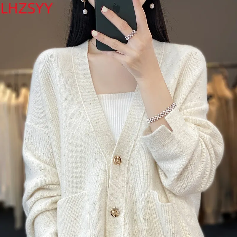 새로운 100% 순수 울 가디건 여성용, 가을 v넥 컬러 도트 대형 스웨터 코트 느슨한 니트 두꺼운 셔츠 하이 엔드 탑