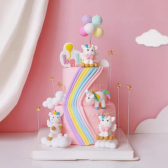 Décoration de gâteau licorne arc-en-ciel, décoration d'anniversaire pour fille, fournitures de fête prénatale, décor sur le thème de la 1er anniversaire pour enfants 4