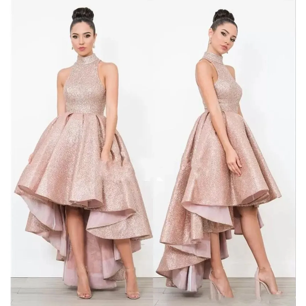

2023 Pink Lace Homecoming Dresses Custom Made A Line Halter High LowPlunging Cocktail Party Gowns Short Dress