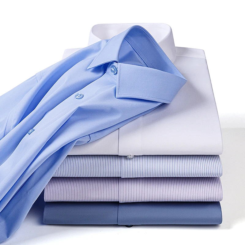 8XL No-Iron Anti-Wrinkle Soft Cozy Fabric 80% Cotton 15%Elastic Silk 5% Spandex Micro Elastic Short Sleeve Formal Shirts Men casual short sleeved shirt short sleeved shirt