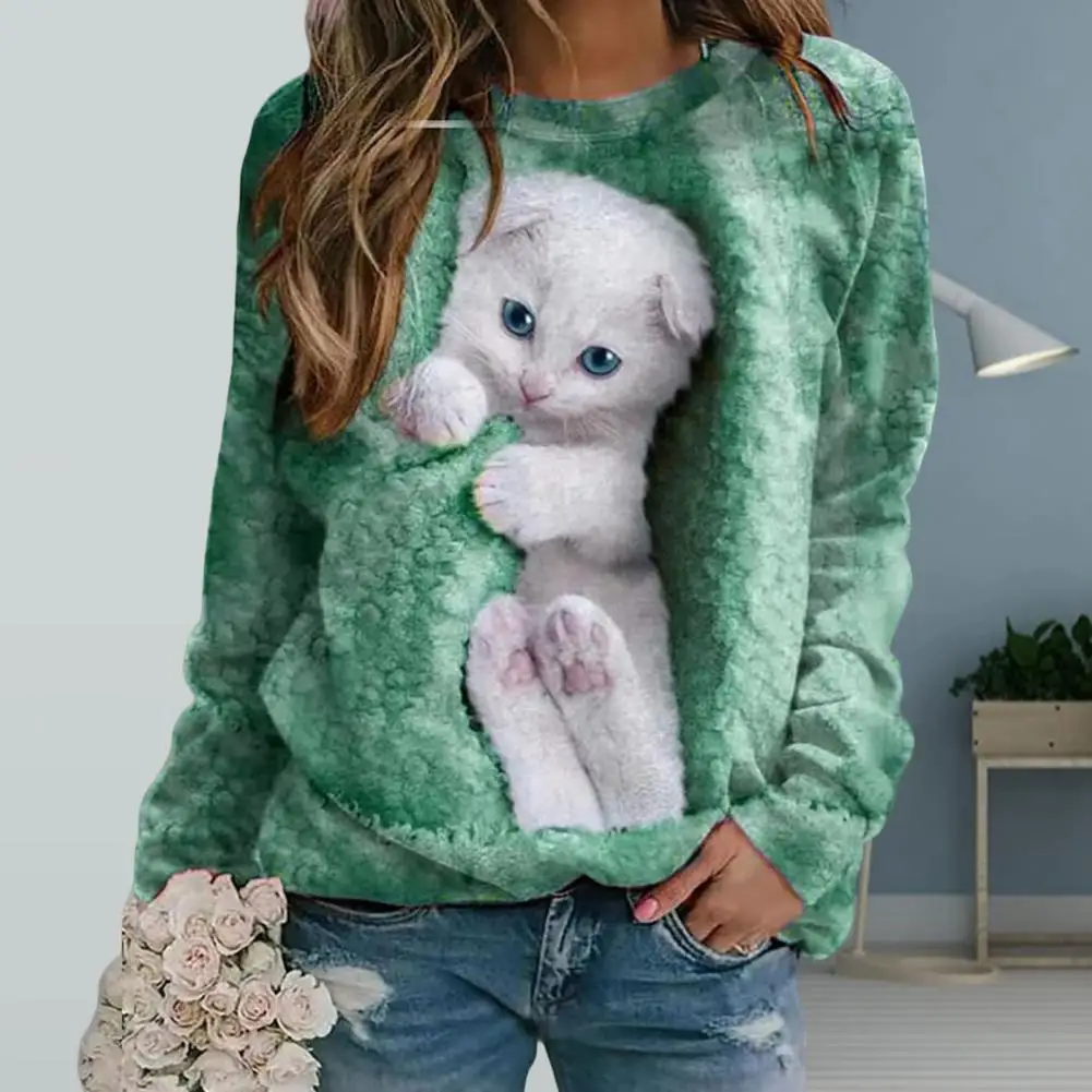 

Stylish Sweatshirt Jumper Skin-Touching Spring Sweatshirt Round Neck Spring Autumn 3D Cat Pattern Casual Sweatshirt Warm