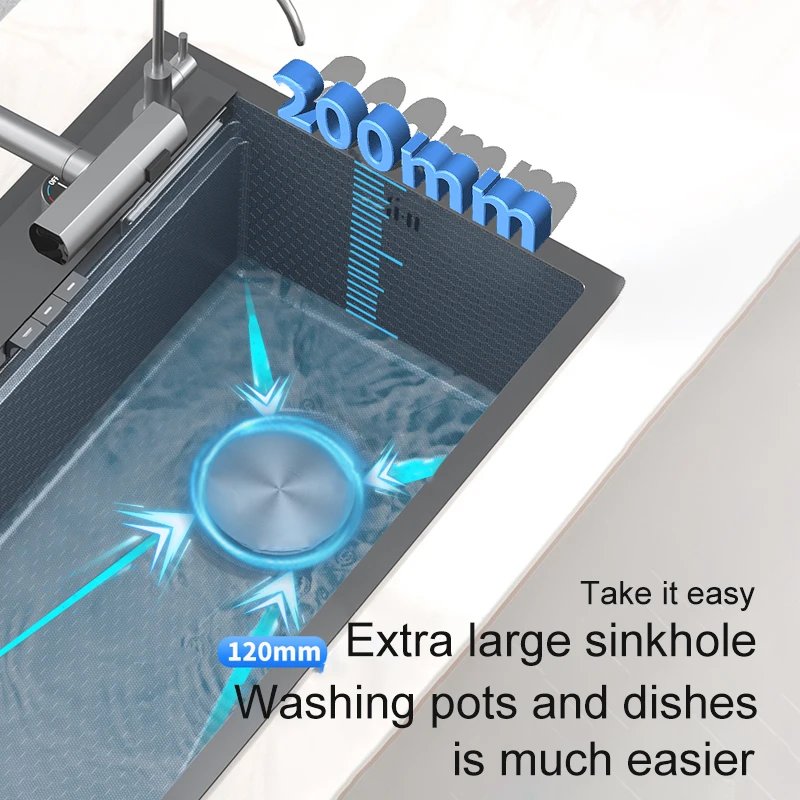 Digital Display Waterfall Kitchen Sink Stainless Steel  Large Single  Slot Right Side Under mount Cup Washer  Piano Keys 2