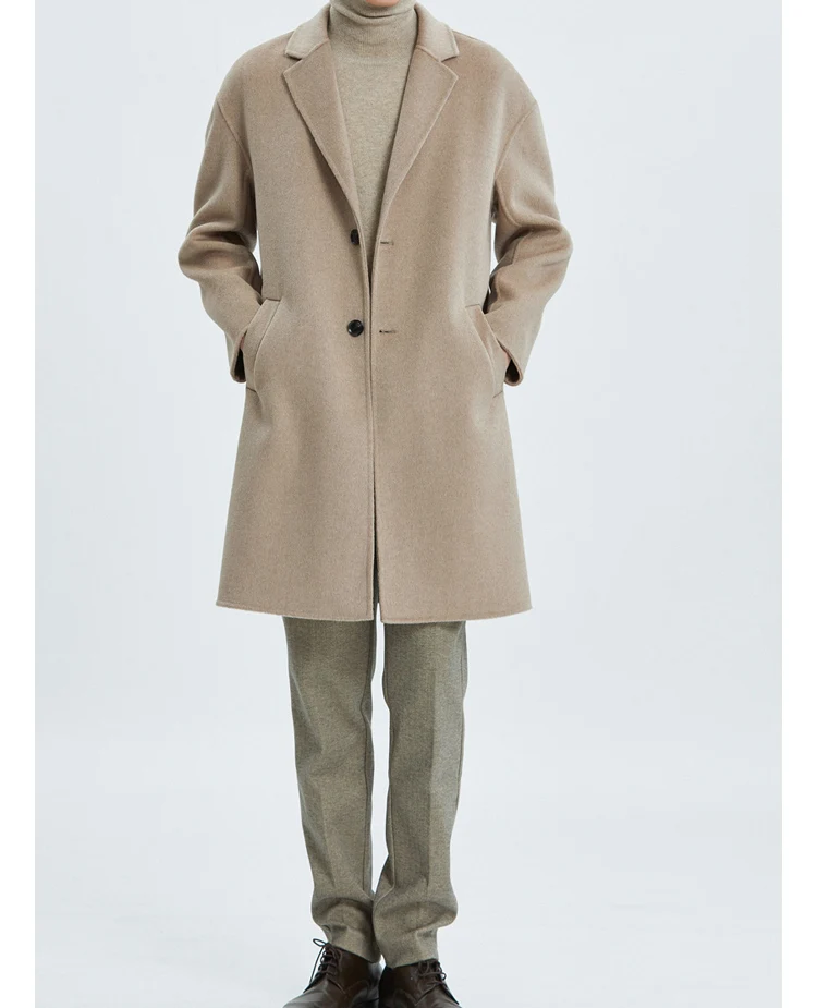 Doppelseitiger Wollmantel aus 100 % Wolle, Herbst-Winter, Herrenmode, mittellanger Anzugkragen, Wollmantel, Jacke, Trenchcoat – Detail 24