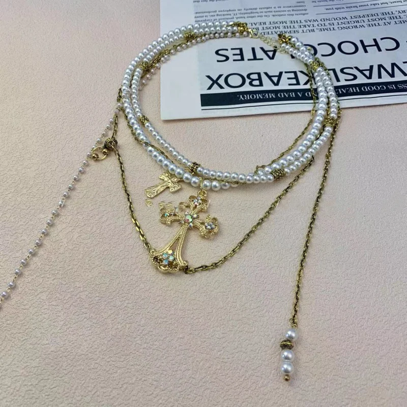 Fashion Exaggerated Cross Pendant Necklace Multilayer Pearl Short Collarbone Chain Personal Jewelry Accessories For Women