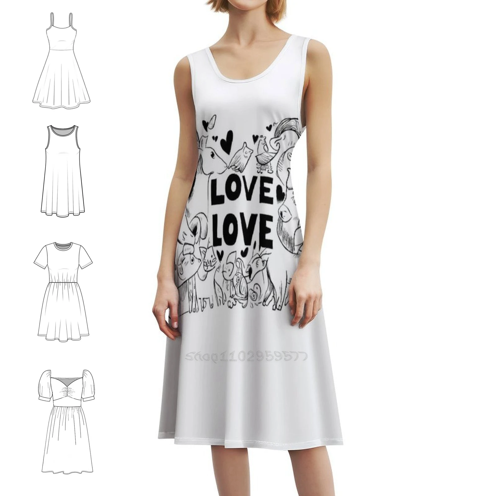 Animals Bohemian Sleeveless Dress Multi-Print Beach Vacation Party Dress He Drew Animals Sees It Love Hearts Female Clothing