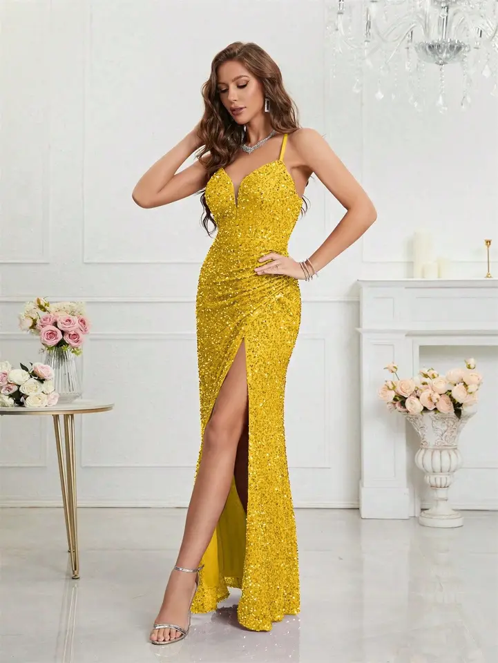 ICCLEK Split Thigh Sequin Women Dress Vestidos Elegantes Para Mujeres Long  Elegant Womens Gala Dresses Yellow - AliExpress 200000345