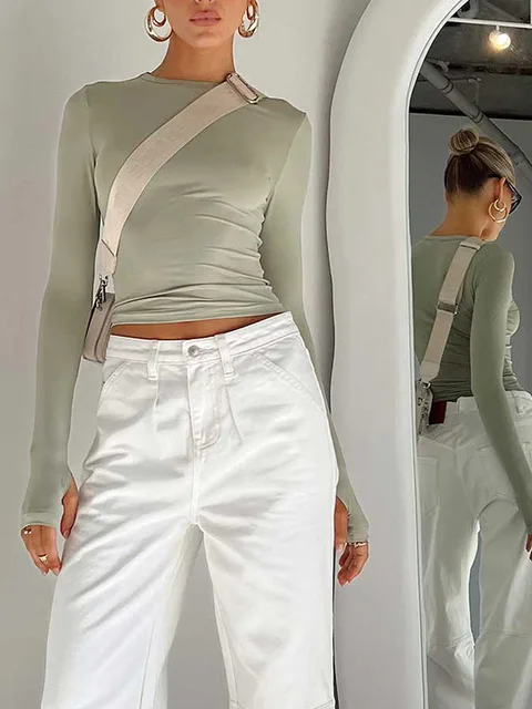 Fashion Women T-shirt Long Sleeve Crew Neck Solid Slim Fit Ladies Crop Top with Thumb Holes for Daily Streetwear Summer Camis 4