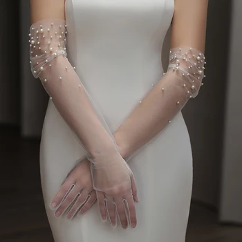Guanti da sposa pesanti fatti a mano con perline eleganti lunghi eleganti sottili per matrimoni, cene, feste, guanti in tulle, accessori da sposa