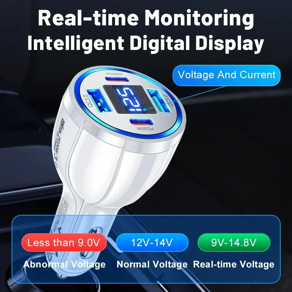 100W 4 Ports Car Charger USB Fast Charging with Digital Display Quick Charging Adapter for iPhone Samsung Xiaomi Type C Charger