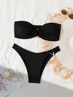 Solid Black 2 Piece Swimsuit for Women 2025 New Strapless Backless Bikini Set Beach Vacation Bathing Suit Thong Swimwear Biquini