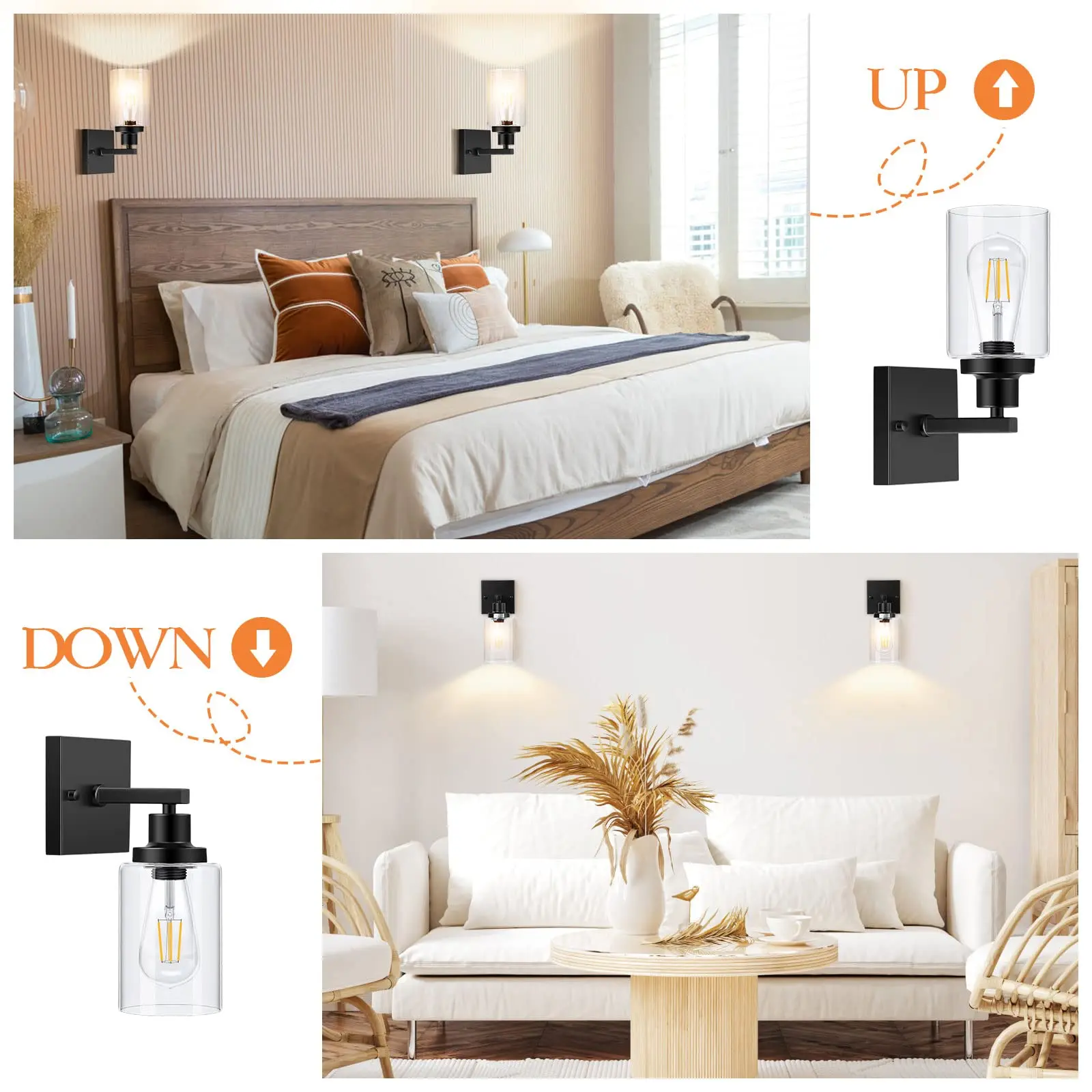 Bathroom Vanity Light Wall Sconces Set of Two Light Fixtures, Metal Wall Lighting with Clear Glass Shade for Living Room Mirror