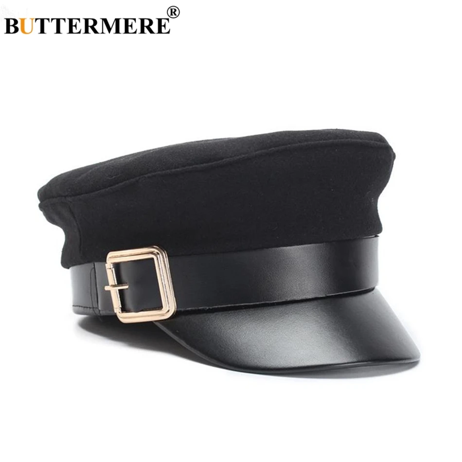 BUTTERMERE Military Hat Women Army Cap Woolen Patchwork Leather Black Baker Boy Hat Spring Autumn Brand Sailor Flat Top