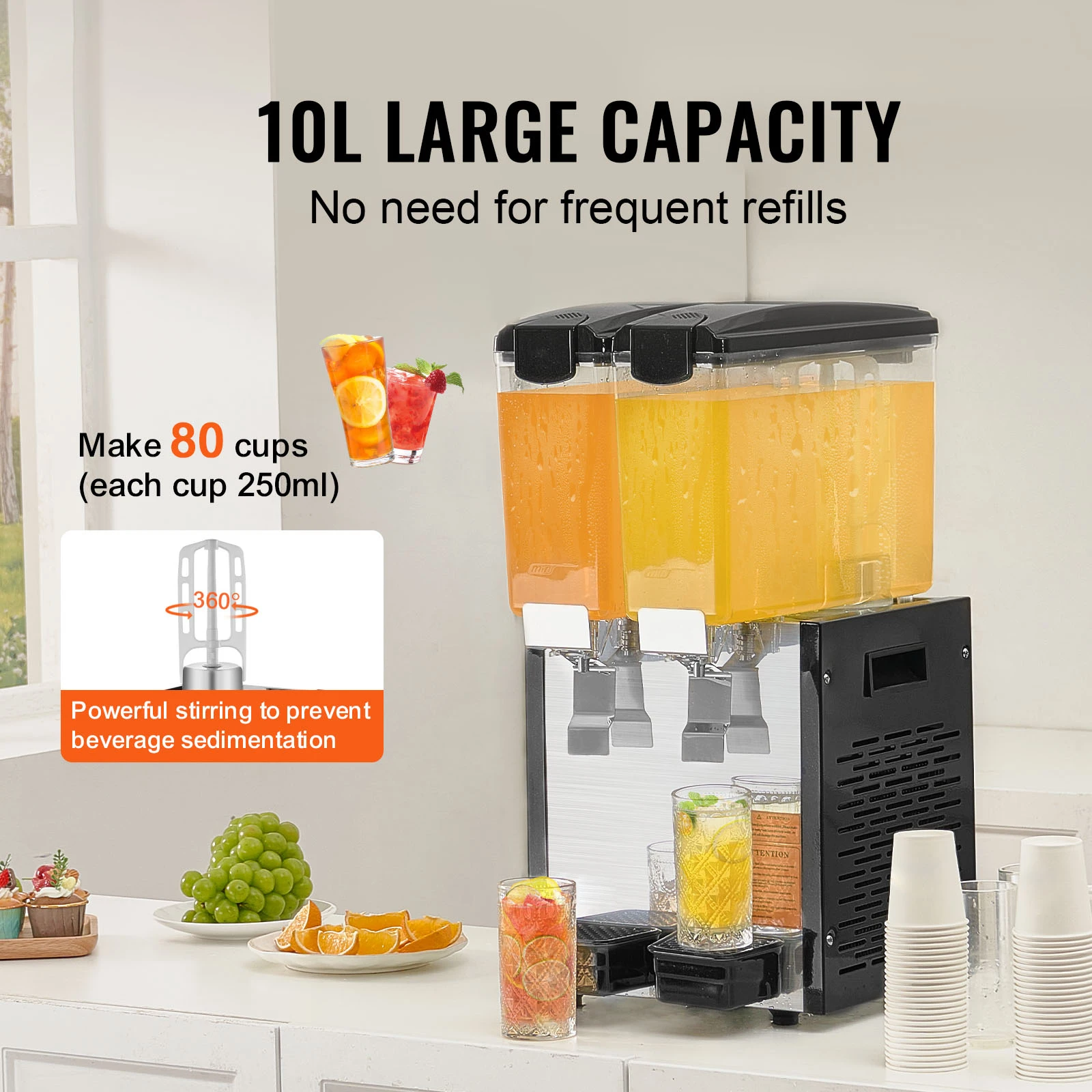 SucceBuy 1/2 Tanks Commercial Beverage Dispenser 10L/12L/18L Per Tank Juice Dispenser Stainless Steel Ice Tea Drink Machine 6