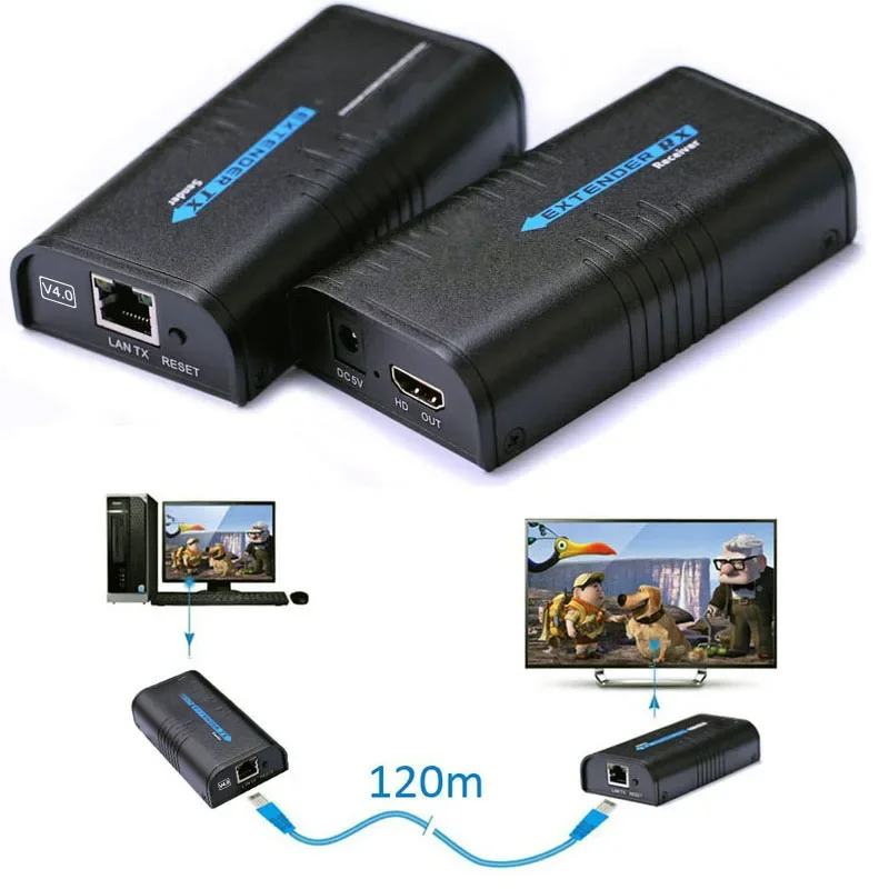

120m HDMI Extender Over Rj45 Cat5e Cat6 Ethernet Network Cable Video Transmitter Receiver for Camera DVD Laptop PC To TV Monitor