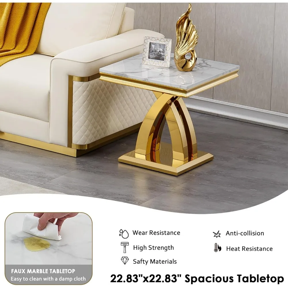 Square End Table,22.8" Modern White Faux Marble Side Table,Nightstand Bedside Table Small Accent Table with Gold Mirrored Finish 6