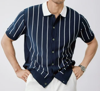 Polo a Righe Casual da Uomo, Maglietta Estiva Slim Fit con Colletto, T-shirt a Maniche Corte in Maglia Sottile a Righe