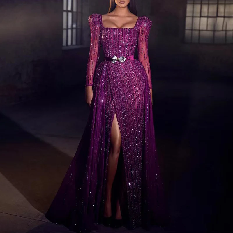 

Luxury Beads Evening Dresses for Women Square-Neck Floor-Length Mermaid Belt Prom Party Gala Special Events Elegant Maxi 2023