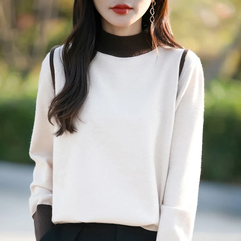 Autumn Winter Women Fine Wool Sweater Mock Collar Color Blocking Splicing Pullover Knitwear Thickening Clothing Bottoming Tops 5