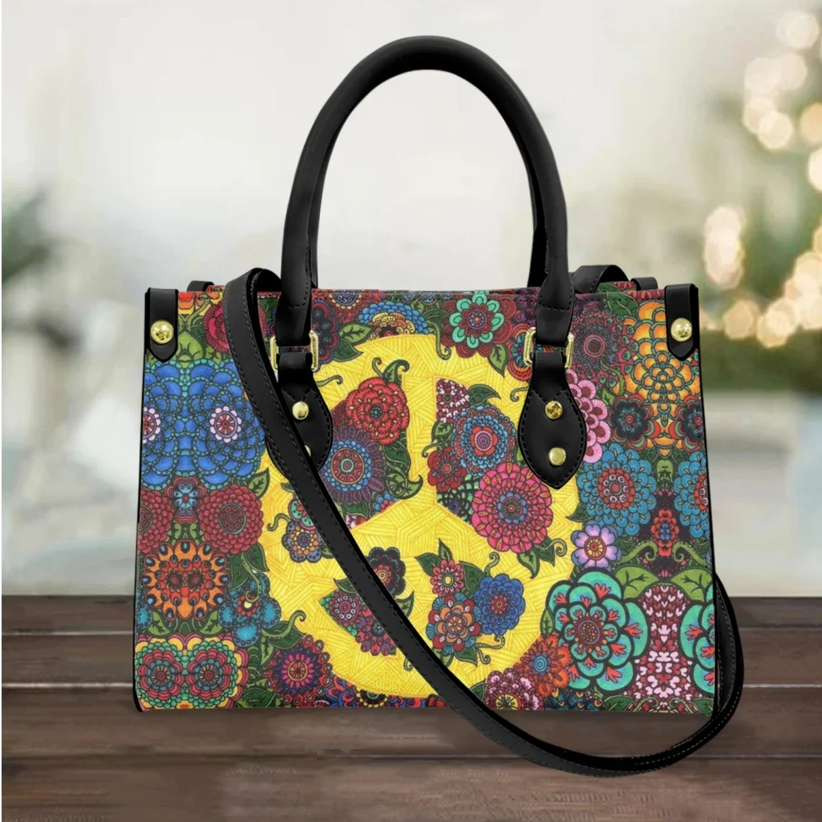Women Vintage Leather Fashion Tote Bag Love and Peace Floral Design Shoulder Handbag New Elegant Beach Girls Messenger Bag Gift