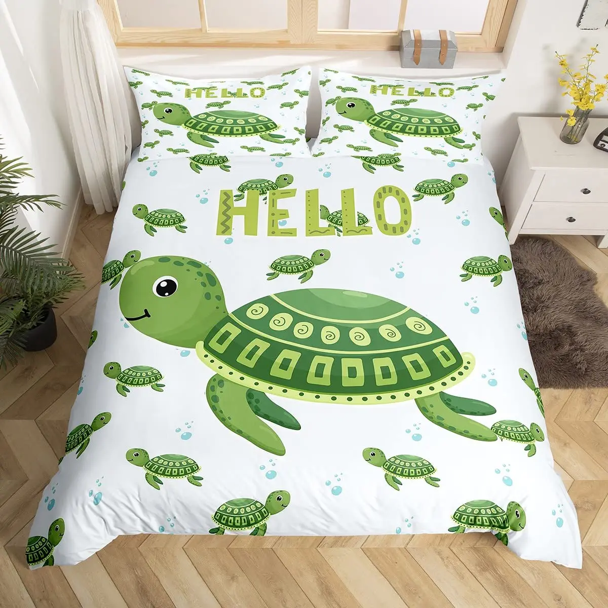 

Sea Turtle King Full Duvet Cover Green Cartoon Tortoise Bedding Set Ocean Comforter Cover Coastal Creature Polyester Quilt Cover