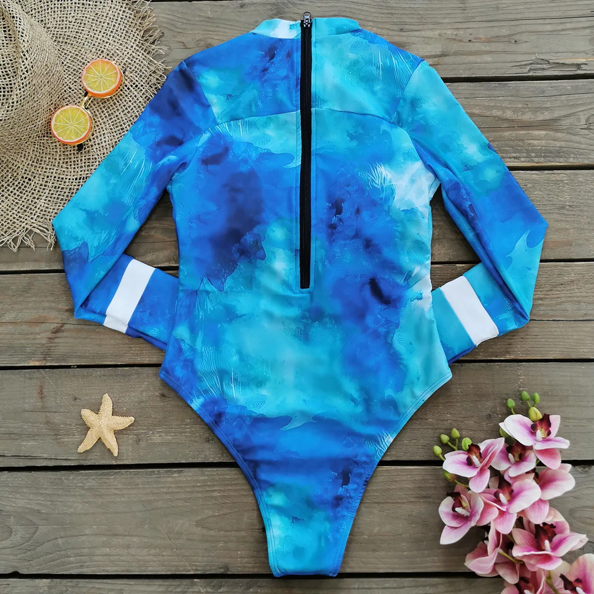 Rash Guard Surfing Swimsuit Women's Vintage Long Sleeve Rash Guard Surfing Suit Print Push Zip Up One Piece Swimsuit Sport Swimwear Beachwear Bodysuit