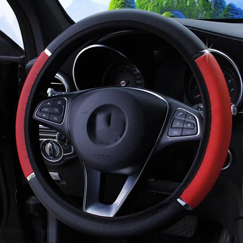 

37-38cm Four Seasons Universal Car Steering Wheel Cover, Leather Embroidered with Diamond-Studded Elastic Band