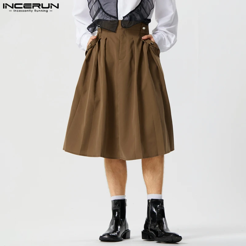 

INCERUN 2023 Men Skirts Pleated Solid Color Button Bottoms Loose Casual Men Streetwear Personality Fashion Unisex Skirts Pants