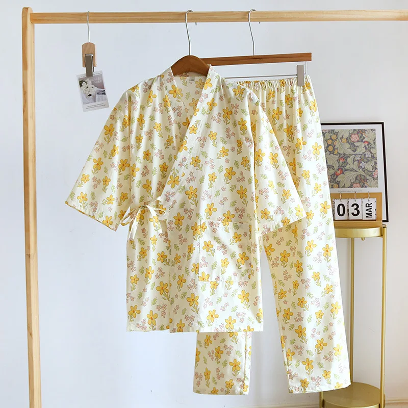 

2024 New Japanese Kimono Set Spring/Summer Women's Pajama Set 100% Cotton Gauze Two Piece Set Ladies Bathrobe Home Fur Sleepwear