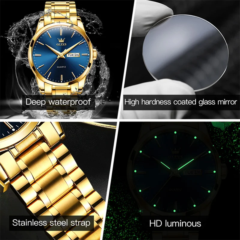 OLEVS Mens Watches Top Brand Luxury Stainless Steel Gold Quartz Watch for Men Sports Waterproof Week Date Business Wristwatches