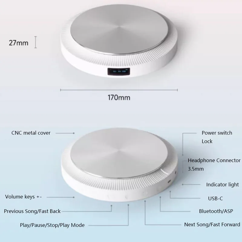 휴대용 CD 플레이어 무선 블루투스 내장 2000MAh 배터리 ASP 충격 방지 HIFI 워크맨 HD 무손실 스테레오 레코드 플레이어