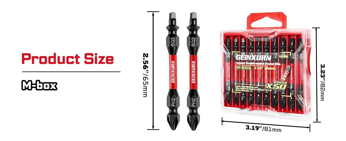 Geinxurn PH2-SQ2 Impact Doppelend-Schraubendreher-Bit-Set, 2,56 Zoll # 2 Phillips/ # 2 quadratische, magnetische 2-seitige Bits aus S2-Stahl – Detail 2