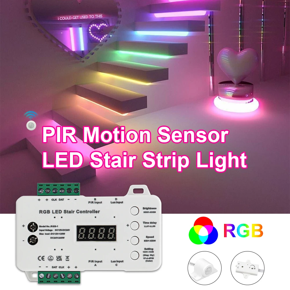 Лестничный датчик движения RGB с датчиком движения PIR Дневной свет может затемнять 16 ступеней лестницы Внутренний ночной свет для освещения домашней лестницы