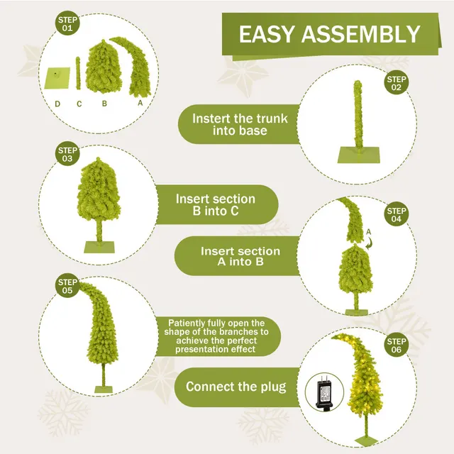 5FT Hinged Fir Artificial Fir Bent Top Christmas Tree, Xmas Tree Bendable Santa Hat Style Christmas Tree Holiday Decoration 4