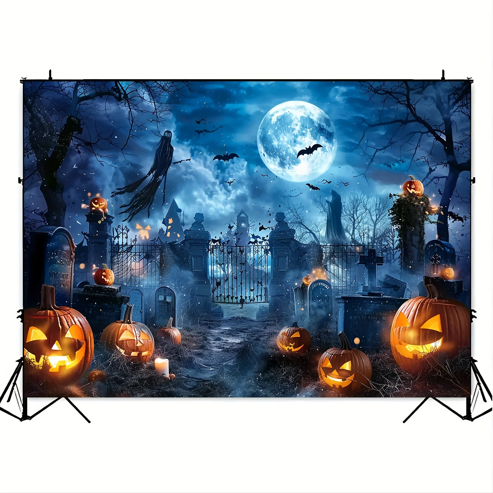 1pc Halloween Nacht Vollmond Polyester Fotografie Hintergrund düsteren Wald Friedhof Hintergrund – Detail 7