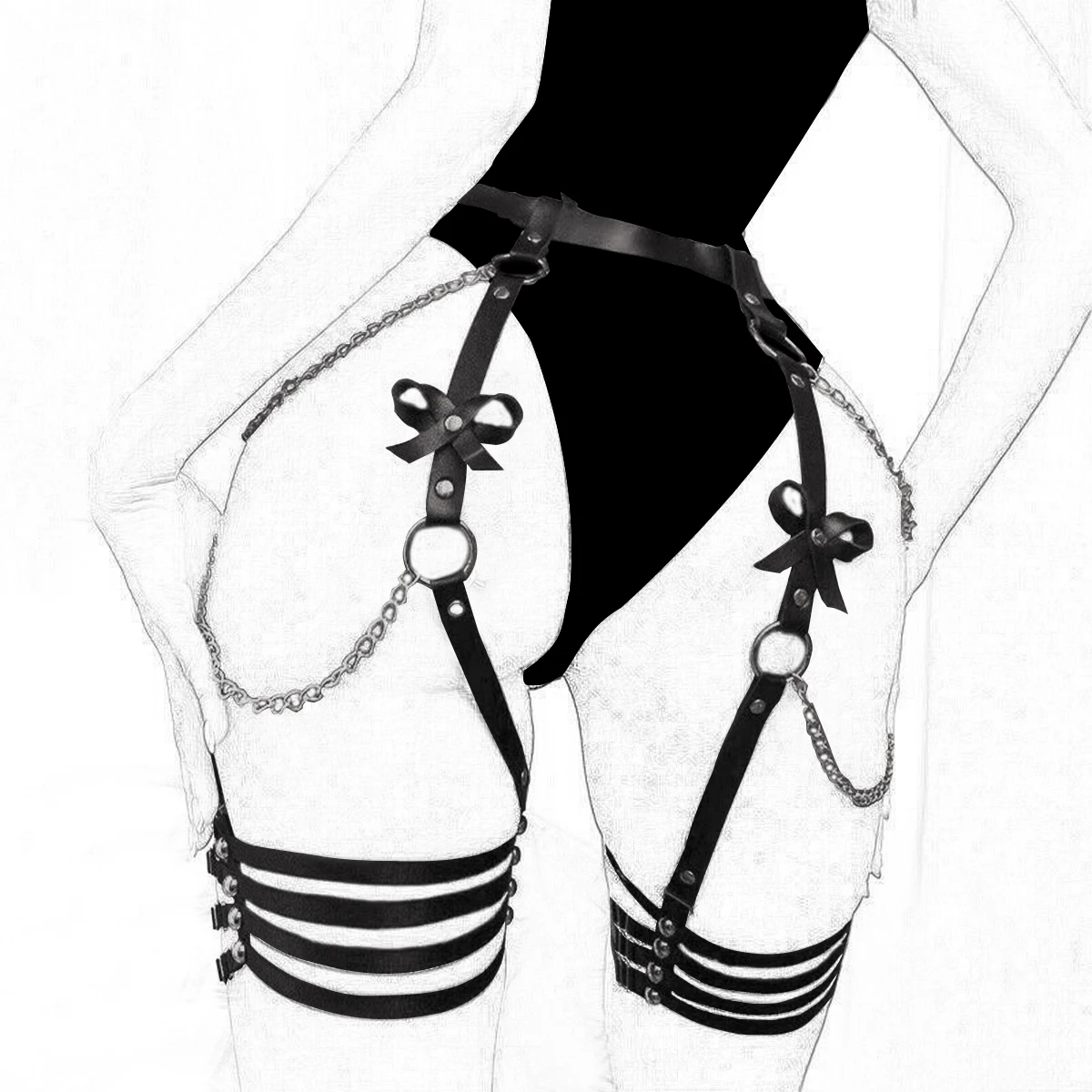 

Fashion Chain Tassel Sexy Leg Ring Black Bow Rivet Studded Garter Belt Adjustable PU Leather Belt Women's Harness Couple Gift
