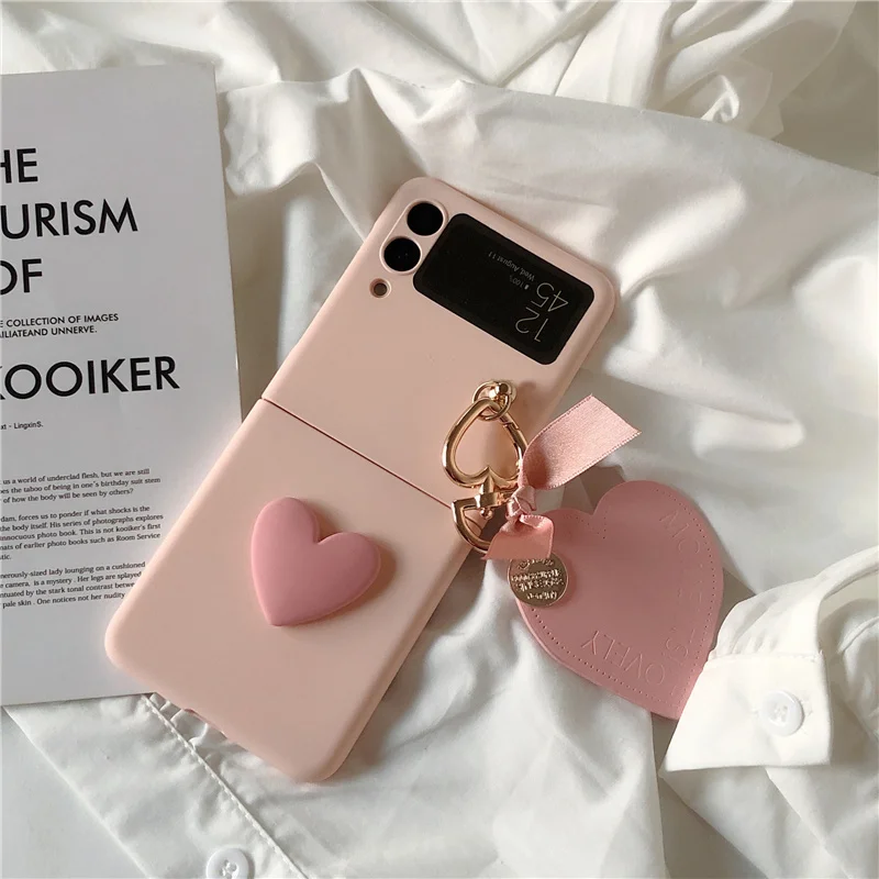 

DIY Z Flip3 Phone Case PU Leather Love Heart Charm Pink Hard PC Slim Cover For Samsung Galaxy Z Flip 3 5G 3D Heart-shaped Cases