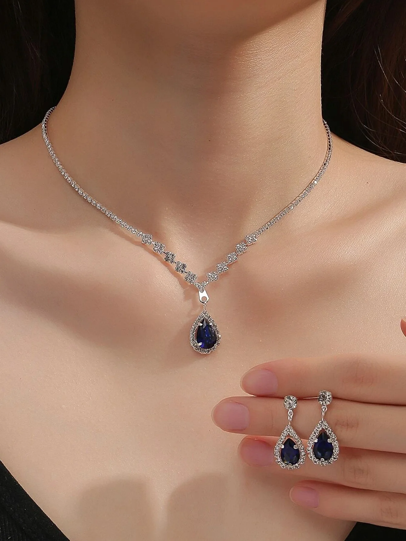 3er-Set für Hochzeitssaison, modische Tröpfchen-Halskette und Ohrringe für Damen, Bankett-Party-Accessoires 4055 – Detail 15