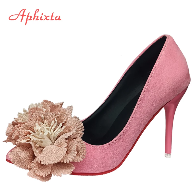 Aphixta Hot Sale Flowers Super Hight 10cm/12cm Stiletto Heels Pumps Sex Change Women Flock Office Casual Shoes Big Size 49 50