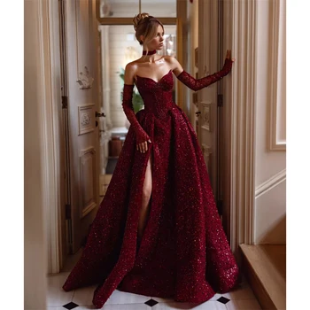 Exquisite Sequined Evening Dresses for Women Wine Red Beading Vestidos De Noche Wedding Party Princess Customized Wedding Dress 1
